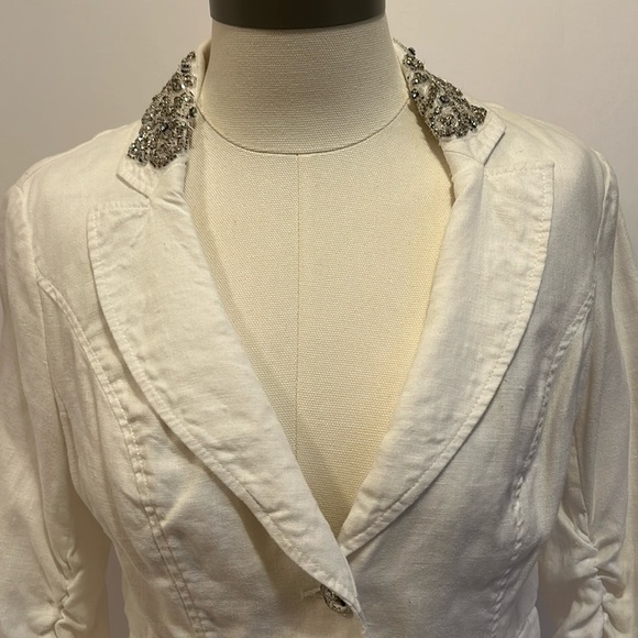 INC  White Linen  Jacket with Bejeweled Collar Women’s Small - Picture 2 of 8